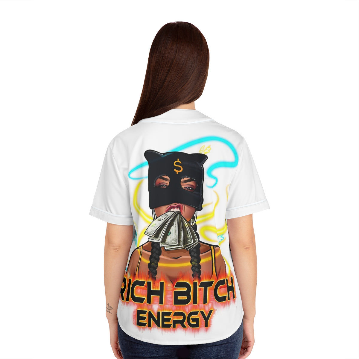 Women's Baseball Jersey (AOP) RICH BITCH ENERGY