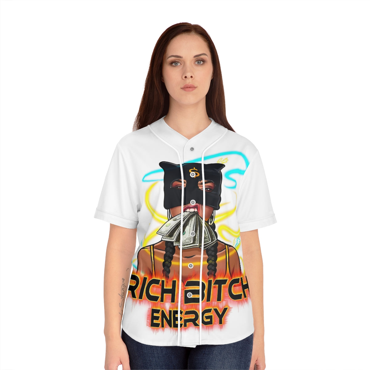 Women's Baseball Jersey (AOP) RICH BITCH ENERGY