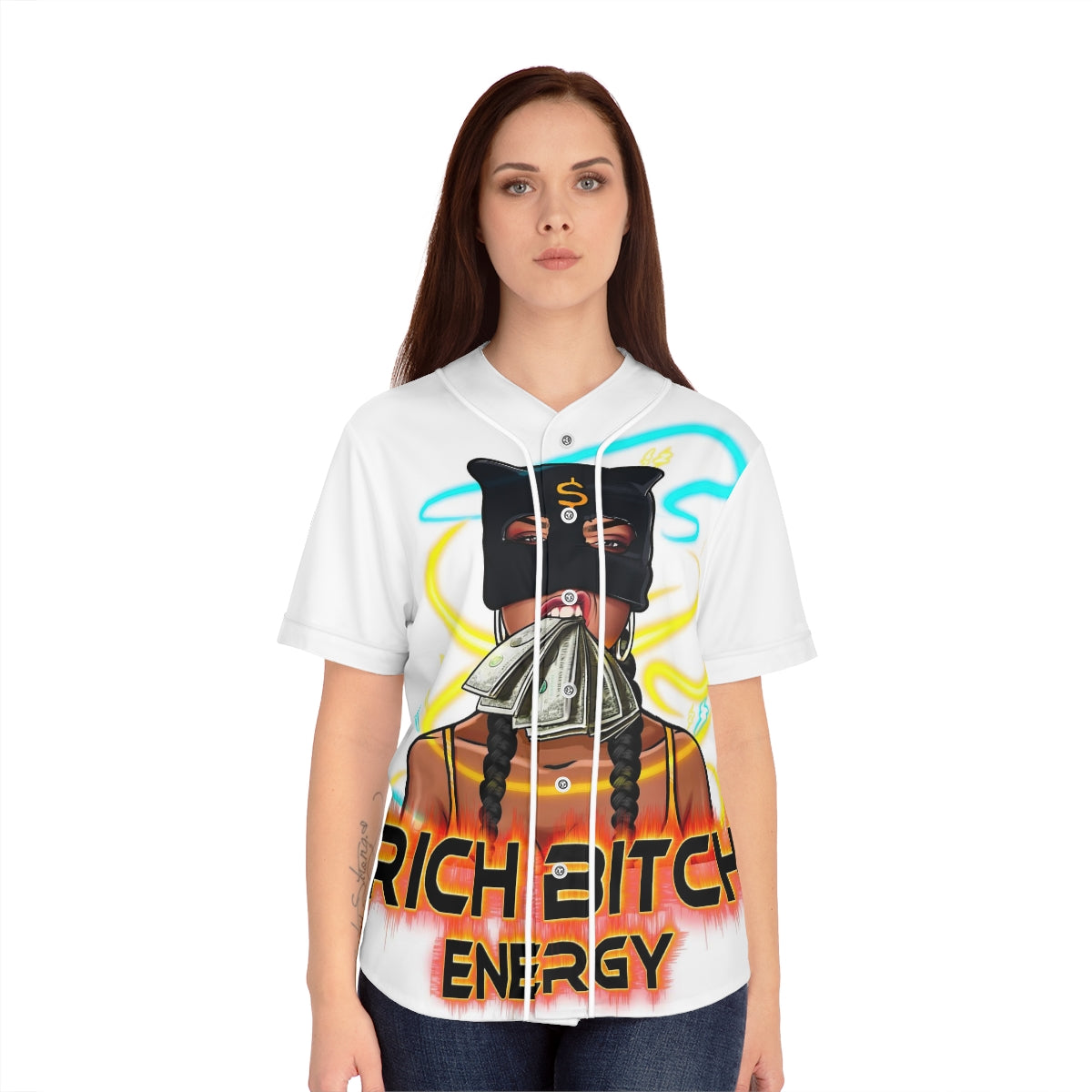 Women's Baseball Jersey (AOP) RICH BITCH ENERGY